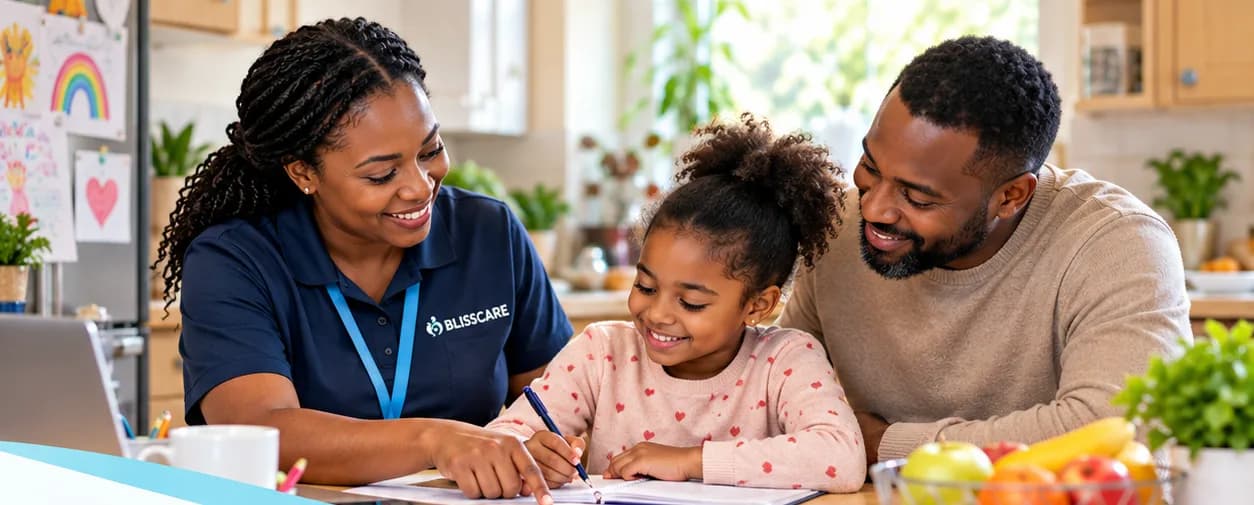 A Blisscare support worker helping a child with homework alongside her father
